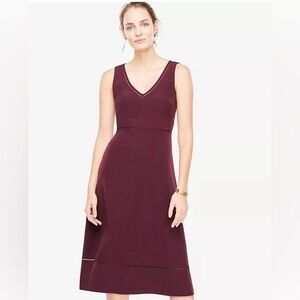New Ann Taylor Petite Lace Cutout Trim Midi Flare Dress in Wine, size 0P